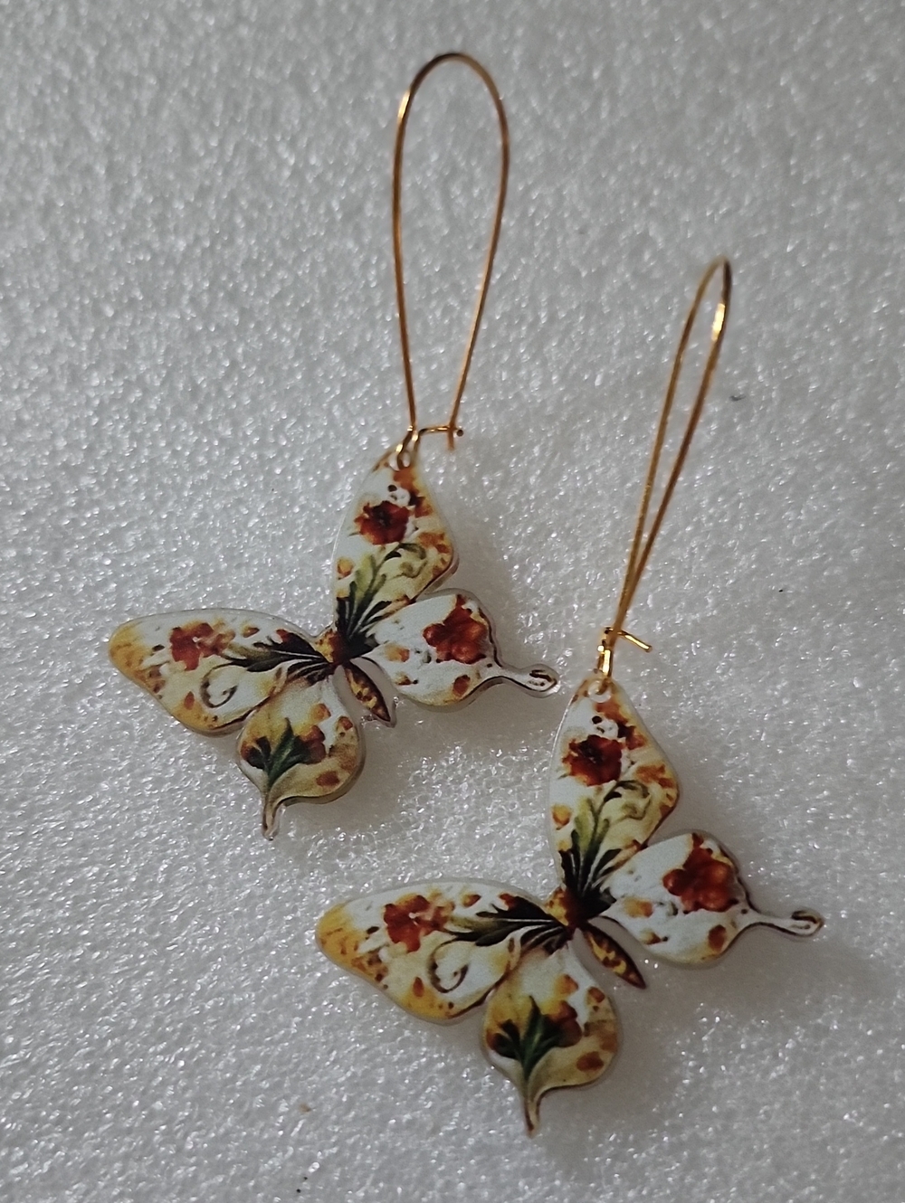 Hand Crafted White and Gold Floral Butterfly Earrings
